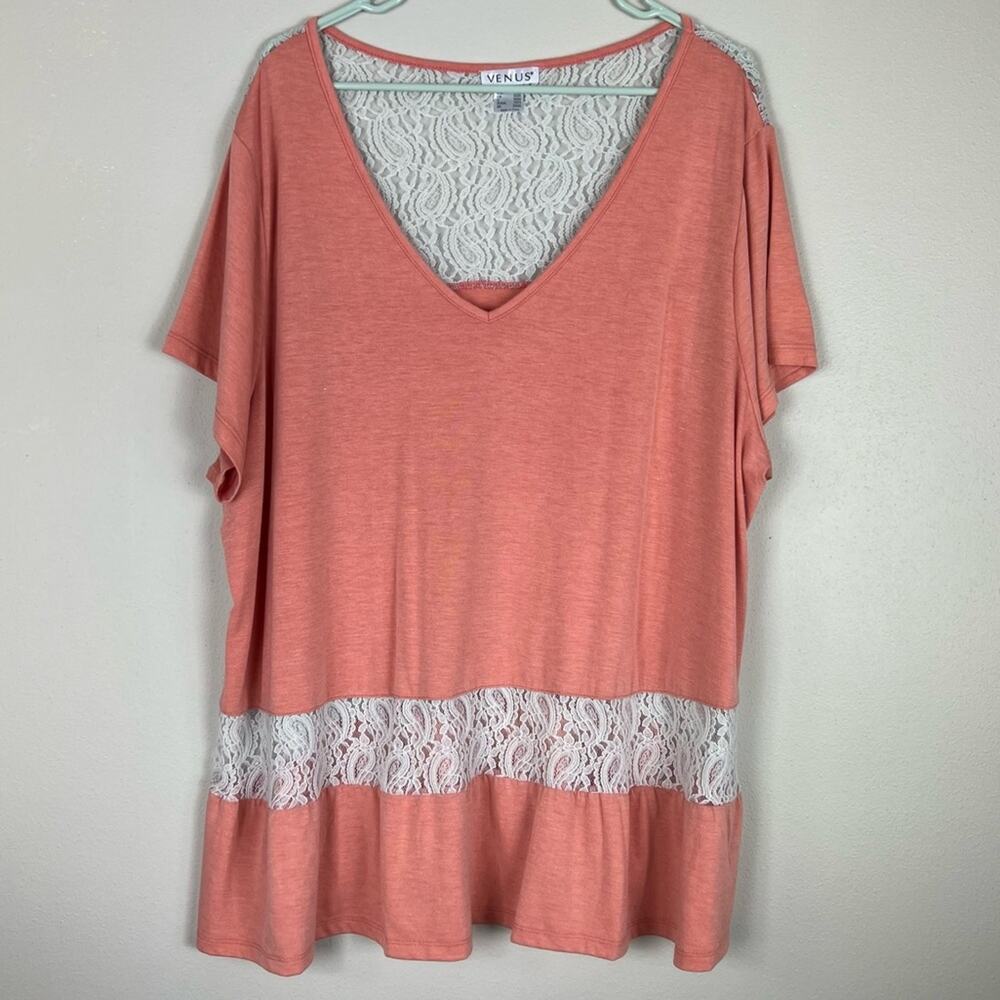 Venus Peach Blouse White Lace Cutout Detail Short Sleeve